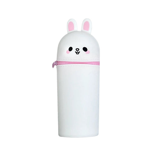 Front view of a white silicone upright pencil case, featuring a cartoon rabbit face with pink cheeks and ears, and a pink zip.