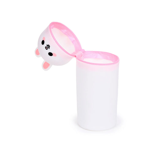 White and pink silicone upright pencil case, shown open, featuring a rabbit head design with black eyes and pink ears.
