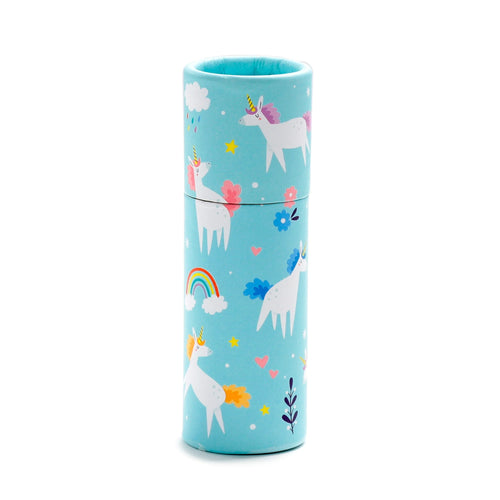 Upright light blue colouring pencil tube, featuring a colourful unicorn, rainbow, and floral pattern, standing on a white background.