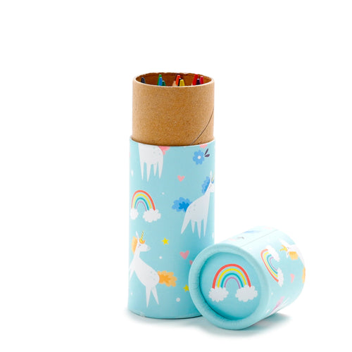 Angled view of a light blue kids' colouring pencil tube with unicorn and rainbow pattern, showing colourful pencils inside and a matching detached lid.