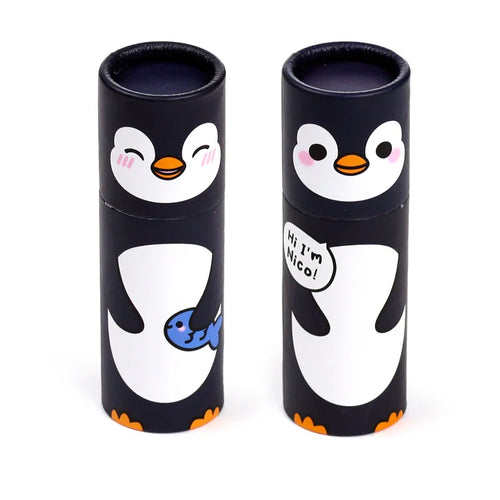 Front view of two black colouring pencil tubes, each depicting a cartoon penguin with a white belly, orange beak, and orange feet. One penguin has pink cheeks, winks, and holds a blue fish; the other has pink cheeks, open eyes, and a speech bubble reading 'Hi I'm Nico!'.