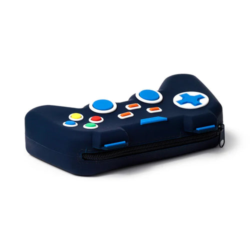 Angled view of a dark blue silicone game controller pencil case with multicoloured buttons and black zip closure.