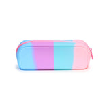 Silicone pencil case, full length view, displaying a marbled blue and pink colour design with a pink zip closure.