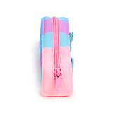 Side view of a pink, purple, and blue banded silicone pencil case, showing the pink zip with puller and partially visible colourful charms.