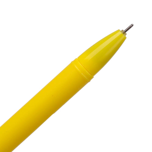 Angled close-up of a yellow pen, showing its metallic ballpoint nib and part of the smooth barrel.