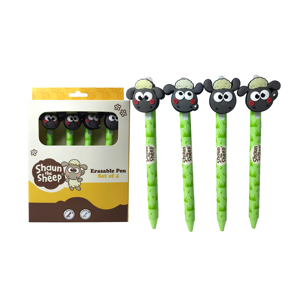 Front view of a set of four kawaii erasable pens, two with black ink and two with blue ink, each featuring a green barrel with a grass design and a black Shaun the Sheep PVC topper, next to their white and yellow display box.