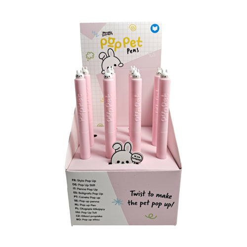 Angled front view of a retail display box filled with multiple pink Twist Pop Pet pens, each featuring a white rabbit character on top.