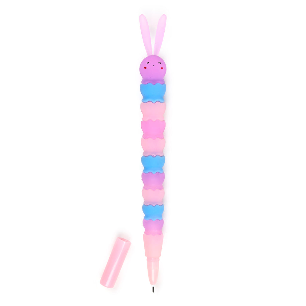 Vertical view of a fine tip pen featuring a purple bunny head with pink ears and a happy face, atop a segmented body in pastel pink, blue, and purple, with the cap off.