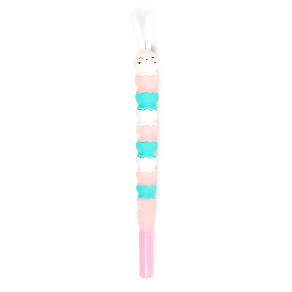 Front view of a white bunny rabbit shaped pen with red cheeks and long ears. The pen's body features stacked pink, white, and teal wavy segments, finished with a plain pink barrel.