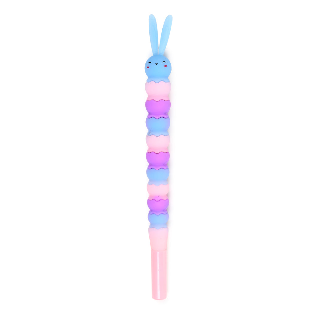 Straight-on view of a Springtime bunny rabbit pen. It has a light blue bunny head with long ears, a smiling face, and rosy cheeks, and a body made of wavy segments in pastel pink, purple, and blue, finished with a translucent pink base.