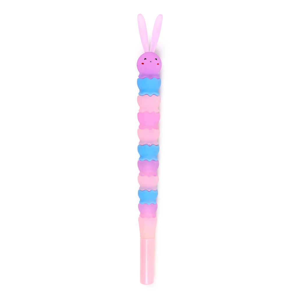 Front view of a whimsical rabbit shaped pen with a purple head and pink ears, featuring a segmented pastel pink and blue wave-patterned body.