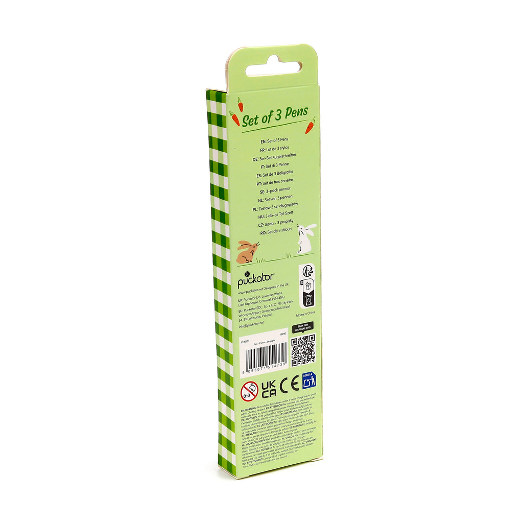 Angled view of the light green cardboard packaging for a set of 3 pens. The main panel displays 'Set of 3 Pens' text and illustrations of a brown and a white bunny rabbit. A green and white checkered pattern is visible on the side panel.