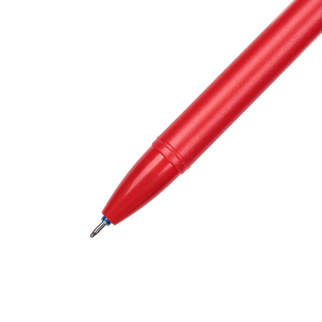 Close-up of red pen tip with blue ink, on a white background.