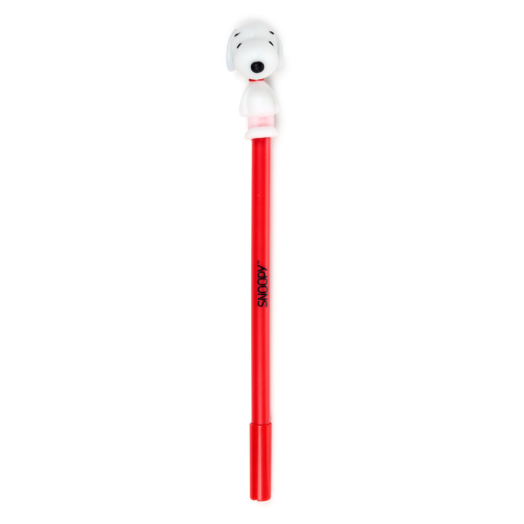Front view of a red erasable pen with a white Snoopy character topper, featuring 'SNOOPY' text on its barrel.