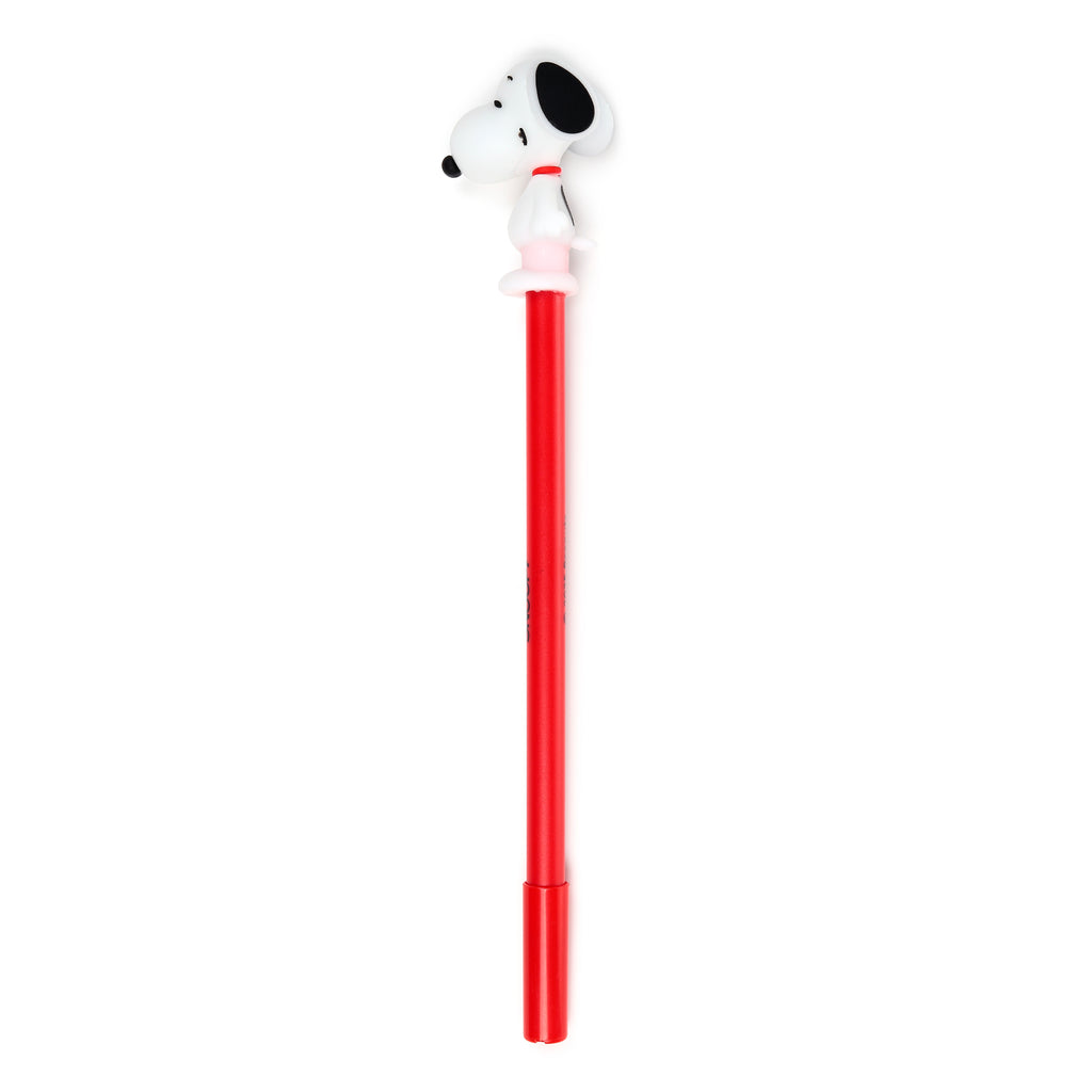 A red pen standing vertically, topped with a white Snoopy character whose head is turned slightly left, featuring black ears, nose, and eyes, and a red collar.
