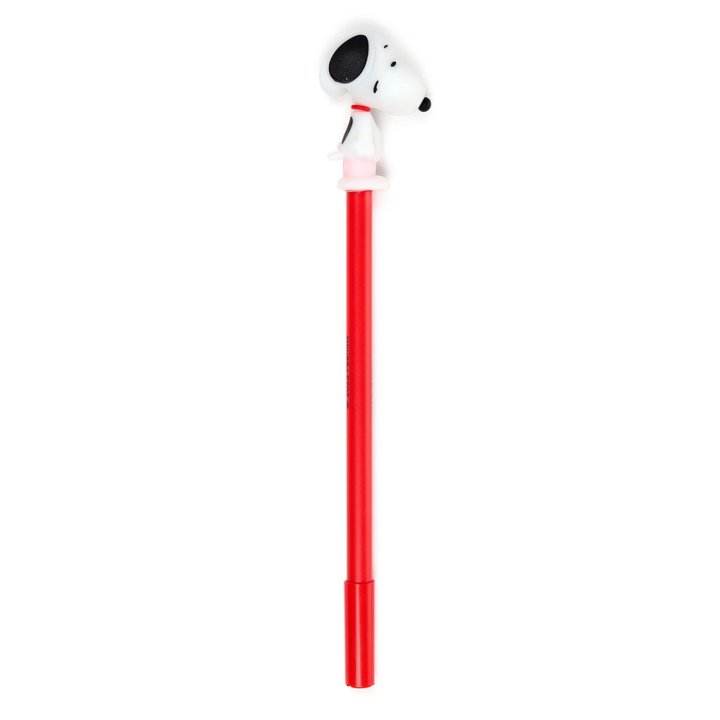 Red erasable pen with a white Snoopy character topper, detailed with black ears, nose, and a red collar, shown standing upright.