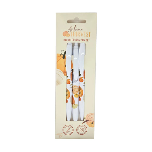 Front view of a Recycled ABS 3 Piece Pen Set, Autumn Harvest edition, in light beige cardboard packaging. The package displays three white pens with colourful pumpkin and gourd patterns, 'Autumn Harvest' text, a 'BLACK INK' icon, and a 'RECYCLED ABS' icon.