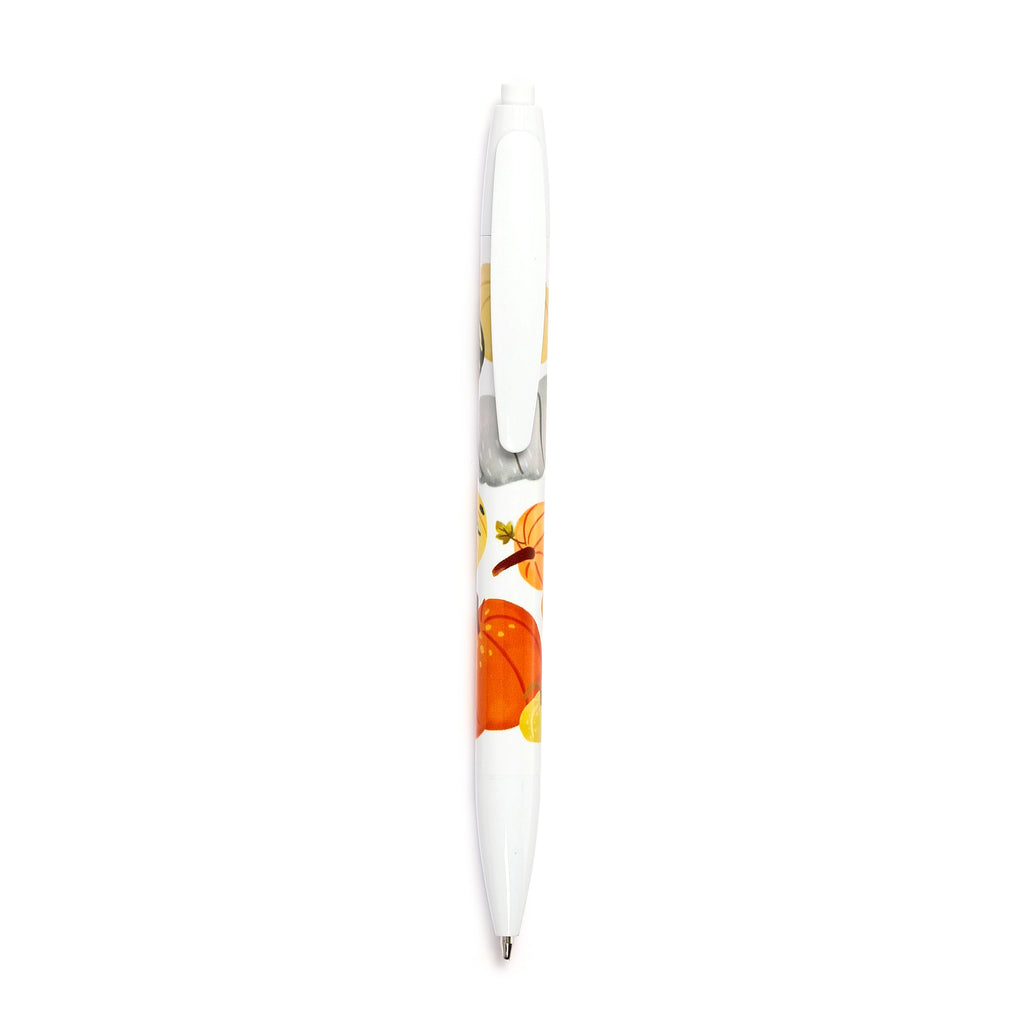 A single white pen, featuring an autumn harvest design with orange pumpkins and green leaves, a white clip, and a visible metal tip.