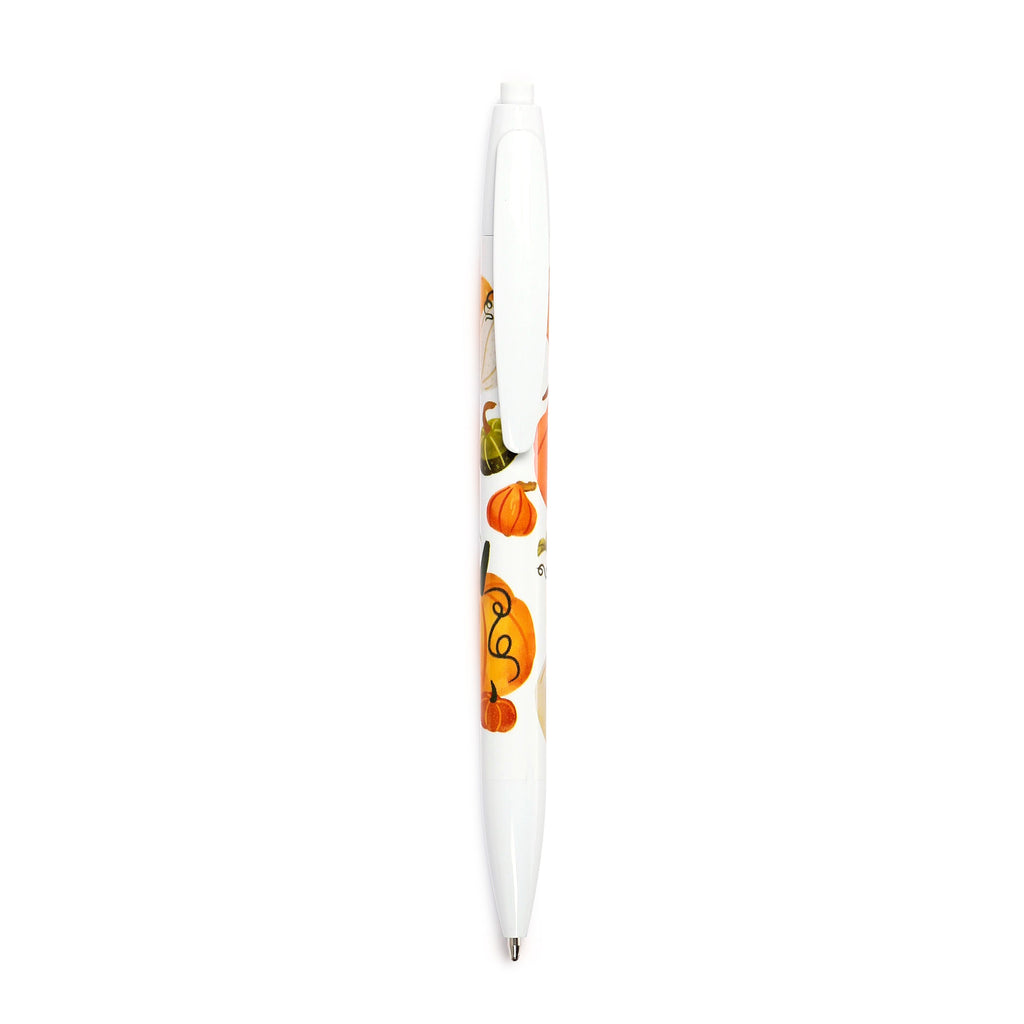 Straight-on view of a white pen with an autumn harvest design, featuring orange and green pumpkins and gourds, and a white clip.