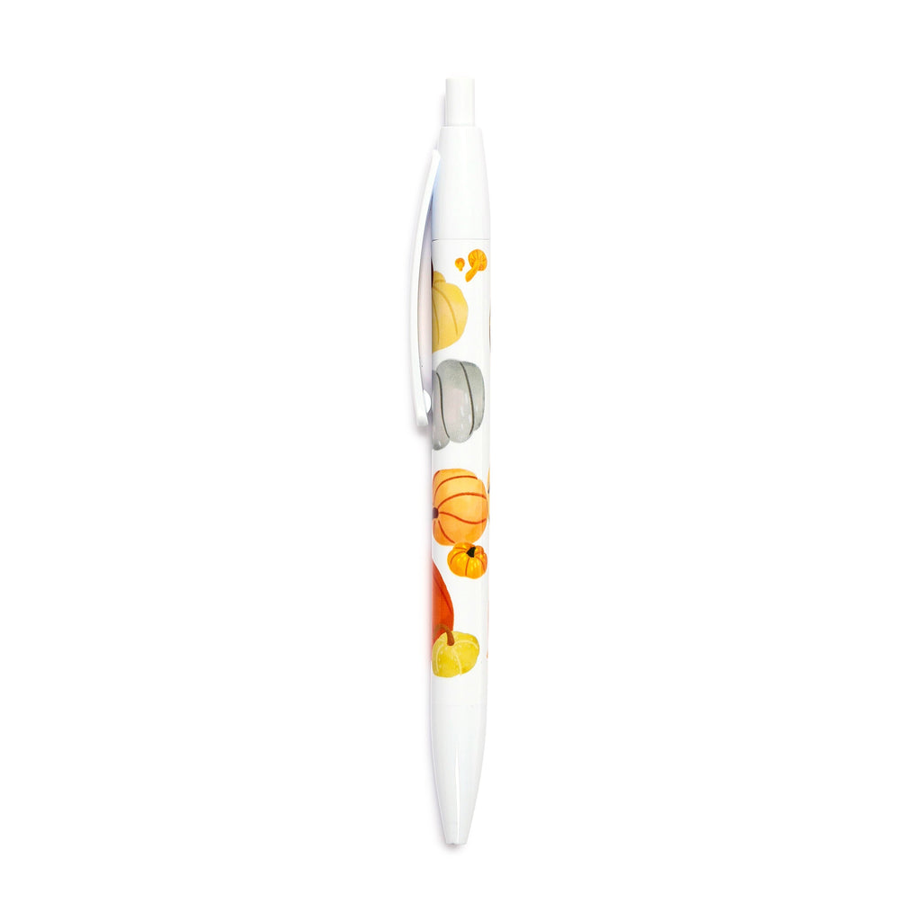 A white pen, decorated with a colourful Autumn Harvest pattern of pumpkins and gourds, featuring a white clip and click-action top.