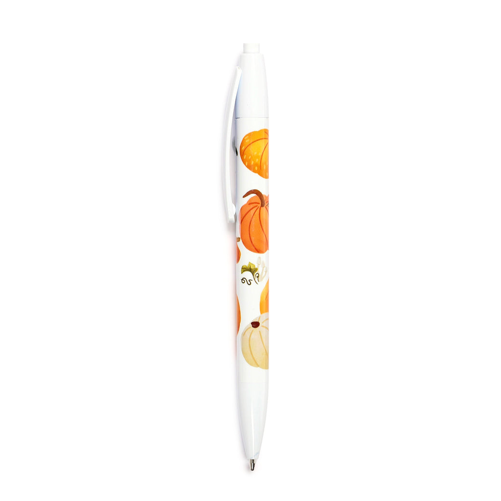 Front view of a recycled ABS pen, featuring a white barrel decorated with an autumn harvest pattern of orange and cream-coloured pumpkins and green leaves, complete with a white clip and metal nib.