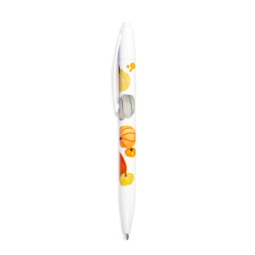 White pen with an Autumn Harvest pattern of orange, yellow, and grey pumpkins and squashes, shown in a full-length view with a white clip.