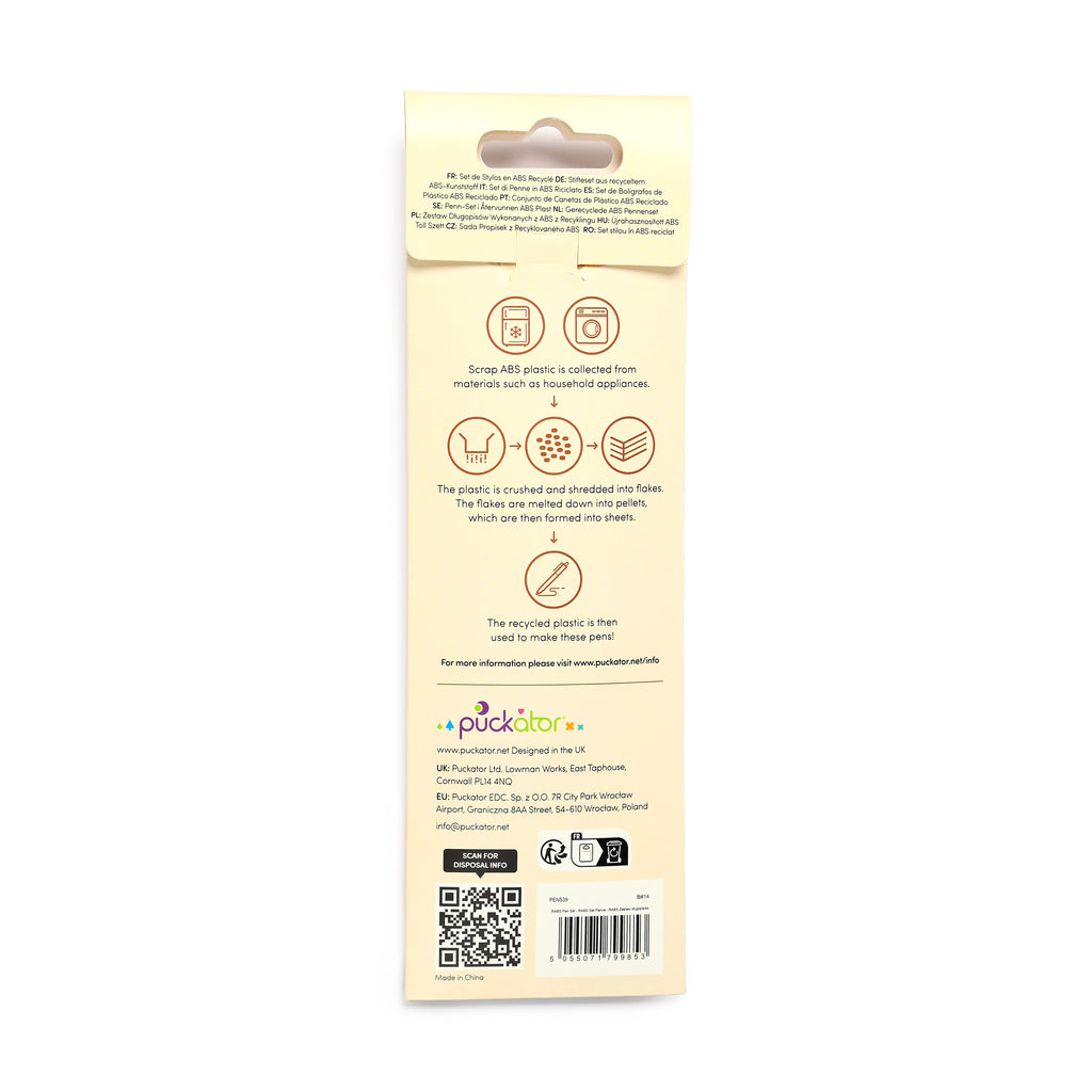 Back of a light beige cardboard packaging for a Recycled ABS 3 Piece Pen Set, displaying illustrations of the plastic recycling process, multi-language product descriptions, a QR code, and a barcode.