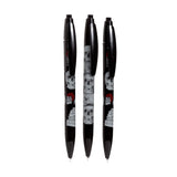 Three black Gothica pens, arranged vertically side-by-side, featuring white skull patterns, stacked books, and a red circular emblem with a candle.