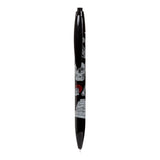 Black ballpoint pen with a Gothica design, depicting a skull, bones, a stack of books, and a red circular symbol, shown vertically on a white background.