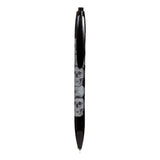 Vertical view of a black recycled ABS pen, featuring a white skull pattern along its barrel, with the click mechanism at the top and the nib at the bottom visible on a white background.