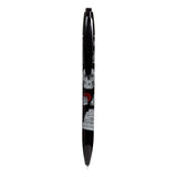 Full-length view of a black pen with a Gothica design, featuring a white skull, bone, red labyrinth symbol, and stacked books.