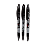 Angled view of a 3-piece pen set, showing three black pens with white gothic-themed patterns including skulls, skeletal hands, bones, and stacks of books, on a white background.