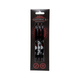 Front view of a Recycled ABS 3 Piece Pen Set - Gothica, enclosed in black retail packaging. The package reveals three black pens decorated with white skull and red inverted cross designs, and includes circular icons for black ink and recycled ABS.
