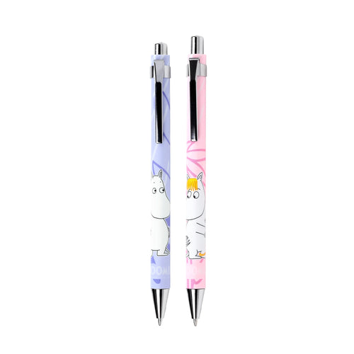 Front view of two Moomin twin pens, one lilac with a Moomintroll character and the other pink with a Snorkmaiden character, both featuring silver-coloured clips and metallic tips.
