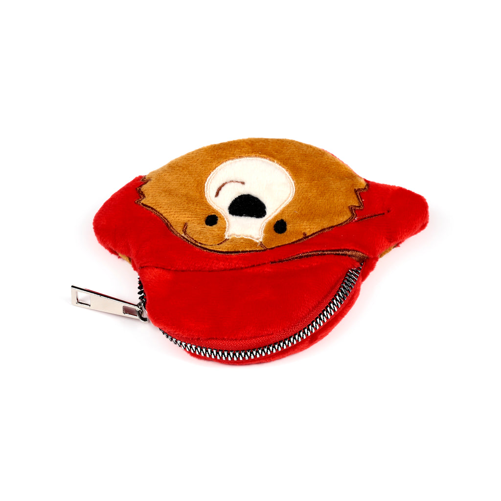 Angled view of a plush Paddington Bear change purse with a brown face and red hat, featuring embroidered eyes and nose, and a black zipper with a silver pull tab.