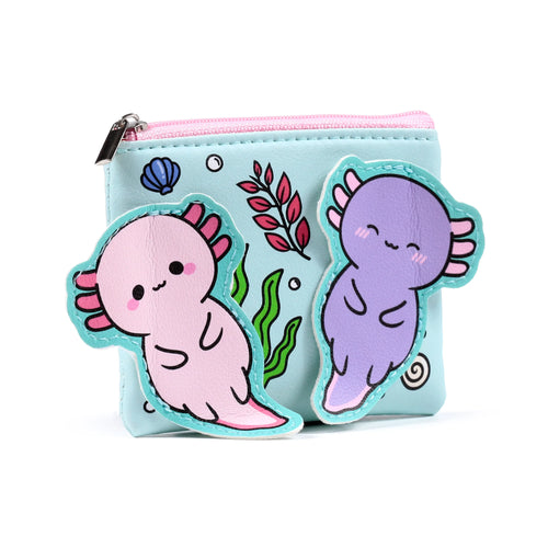 Front view of a light blue change purse with a pink zip, featuring stitched-on kawaii-style pink and purple axolotl characters, along with printed seaweed and seashell details.