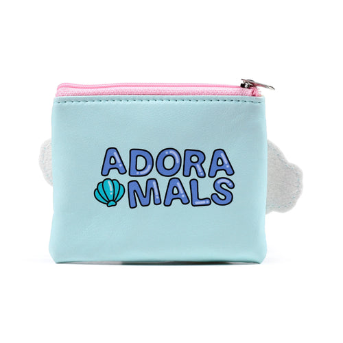 Front view of a light blue shaped change purse with a pink zip, displaying ADORAMALS text and a teal seashell icon, flanked by white frilly details.