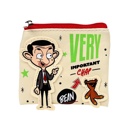 Front view of a cream shaped change purse depicting Mr Bean pointing and Teddy in sunglasses, with 'VERY IMPORTANT CHAP' text and a red top zip.
