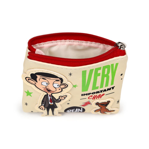 Angled view of a cream-coloured Mr Bean and Teddy themed change purse, with the red zip partially open, revealing the white inner lining. The front displays Mr Bean and Teddy characters next to 'VERY IMPORTANT CHAP' text.