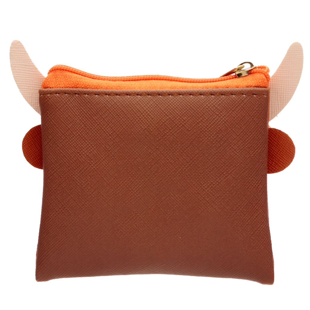 Back view of a brown textured PVC purse with an orange top zip section, light beige horns, and orange ears.
