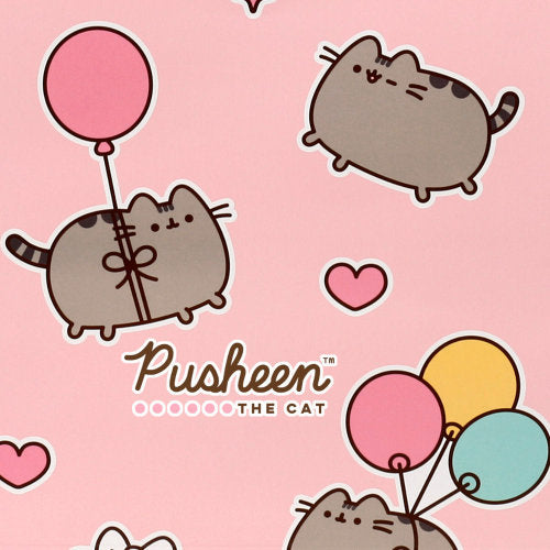 Pattern of Pusheen the Cat with balloons and hearts on a pink background