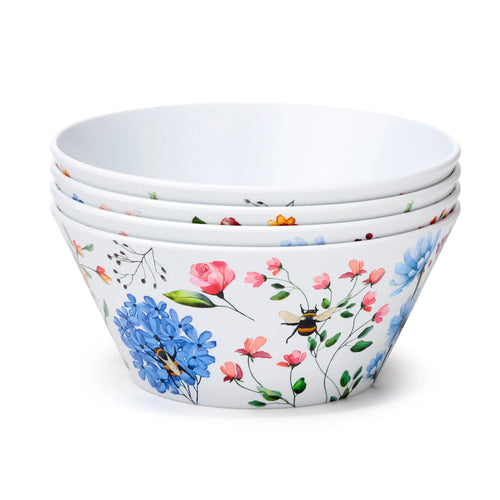 Angled view of four white picnic bowls, nested, with a vibrant floral pattern of blue, pink, and orange flowers, and bumblebee illustrations.
