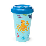 Front view of a 400ml Recycled RPET Travel Mug, light blue with a sealife design featuring an orange octopus, fish, and a blue lid.