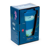 Angled front view of a 400ml Recycled RPET Travel Mug with a Splosh Sealife design, displayed in its blue cardboard packaging on a white background. The light blue mug, with a dark blue lid and grip, is visible through a window in the box, which is decorated with seahorse, octopus, and fish illustrations.