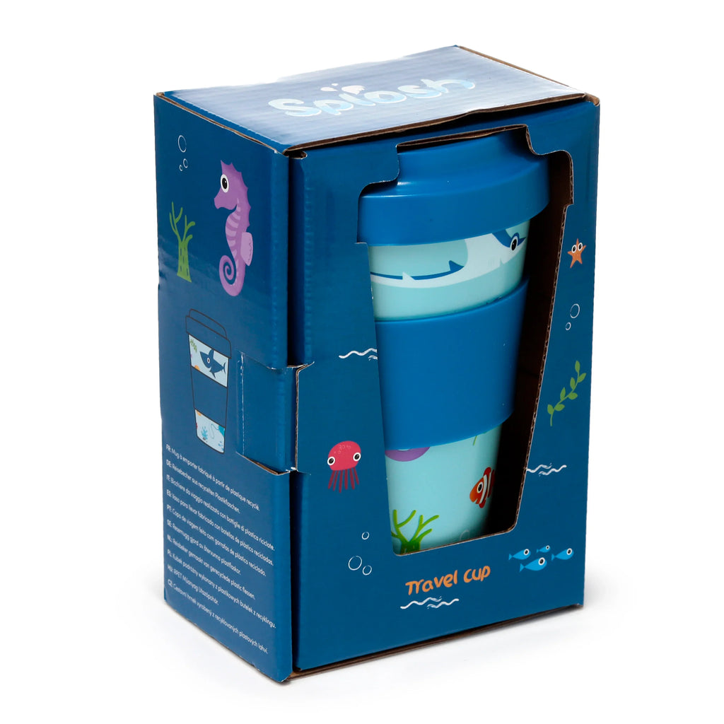 Angled front view of a 400ml Recycled RPET Travel Mug with a Splosh Sealife design, displayed in its blue cardboard packaging on a white background. The light blue mug, with a dark blue lid and grip, is visible through a window in the box, which is decorated with seahorse, octopus, and fish illustrations.