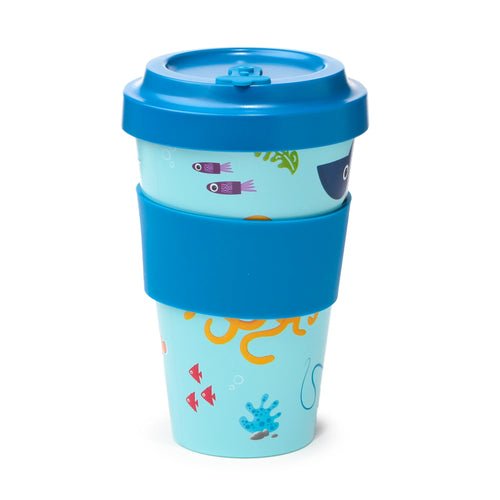 Angled view of a Recycled RPET Travel Mug, light blue with a colourful sealife pattern featuring fish, octopus, and whale motifs, complete with a royal blue silicone grip and matching lid with a cap.
