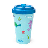 Front view of a blue travel mug with a colorful cartoon sealife design featuring a turtle, seahorse, and fish, presented on a white background.
