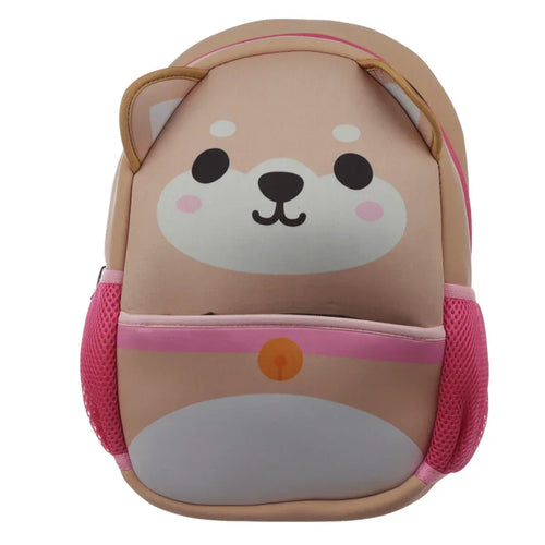 Front view of a light brown kids neoprene Shiba Inu dog backpack with pink mesh side pockets and a pink collar graphic.