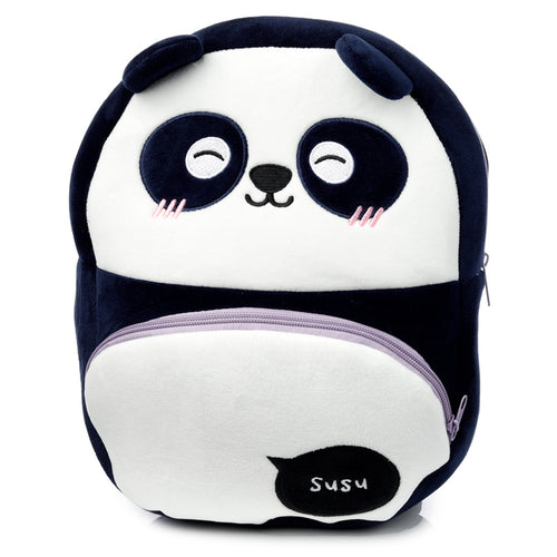 Front view of a Susu the Panda plush rucksack backpack, featuring a white panda face with black eye patches, pink blush details, a dark blue body, and a lavender-zipped front pocket with 'Susu' on a black speech bubble patch.
