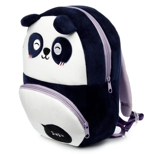 Angled front view of a plush dark blue and white panda rucksack, featuring an embroidered face with closed eyes and pink blush, light purple zips, and 'Susu' text on the lower pocket.